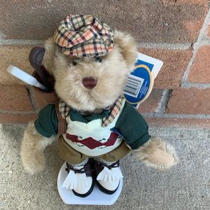 Brass Button Bears Crosby Golfing Sports Bear Stuffed Animal Toy on Stand w Tags